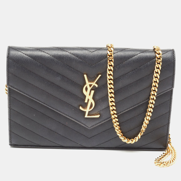 Saint Laurent Black Matelasse Leather Cassandre Wallet on Chain - Picture 1 of 8